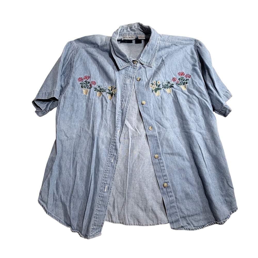 Allyson Whitmore Womens Blue Denim Floral Embroidered Short Sleeve Shirt Size M